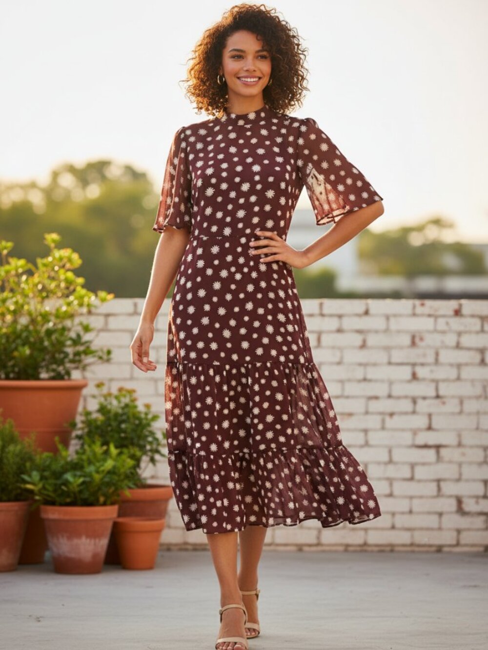 Maggy London Kaya Dress Size 2 Burgundy Floral Tiered Midi Dress As-Is